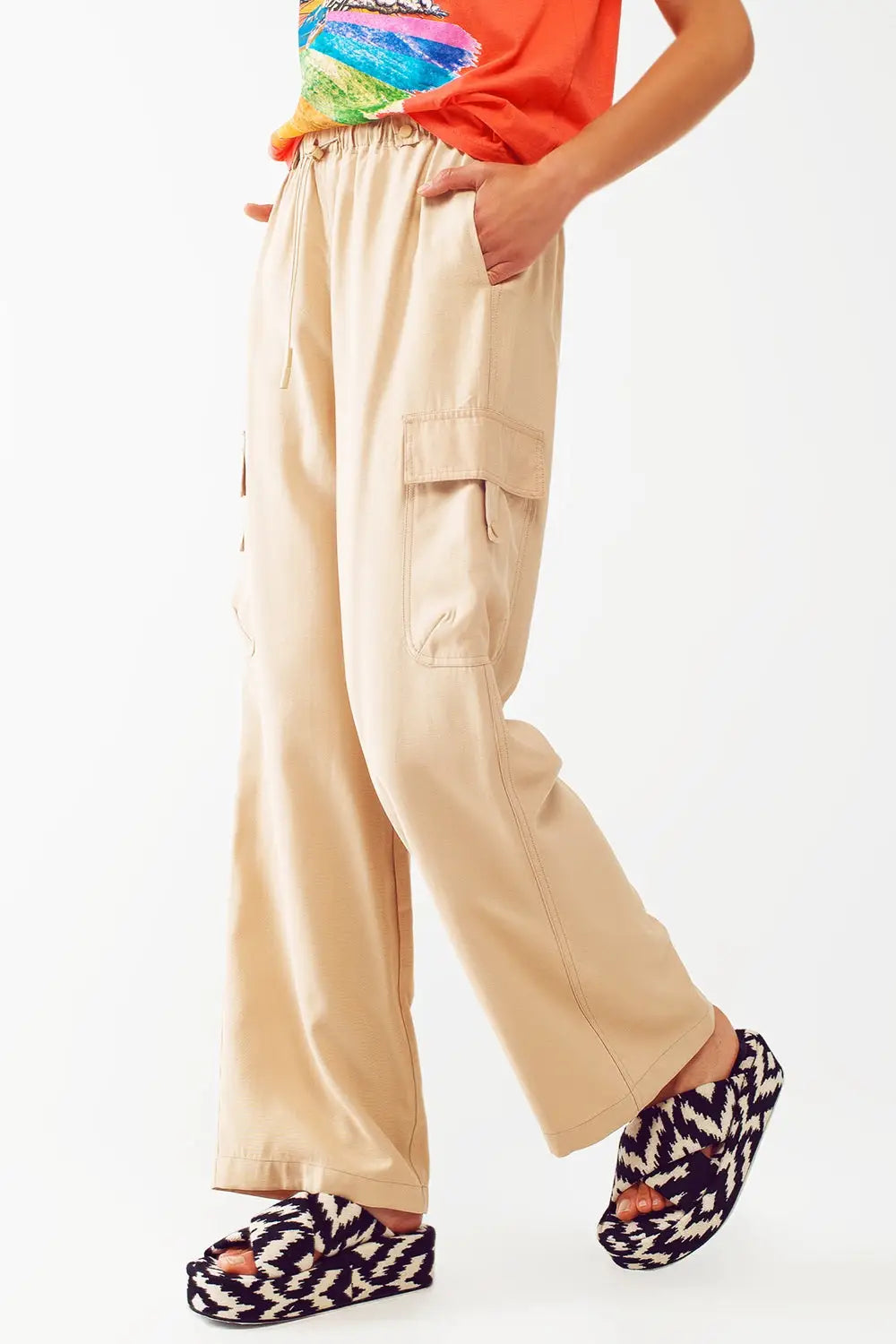 Relaxed Cargo Pants With Drawstring in Beige - Pants