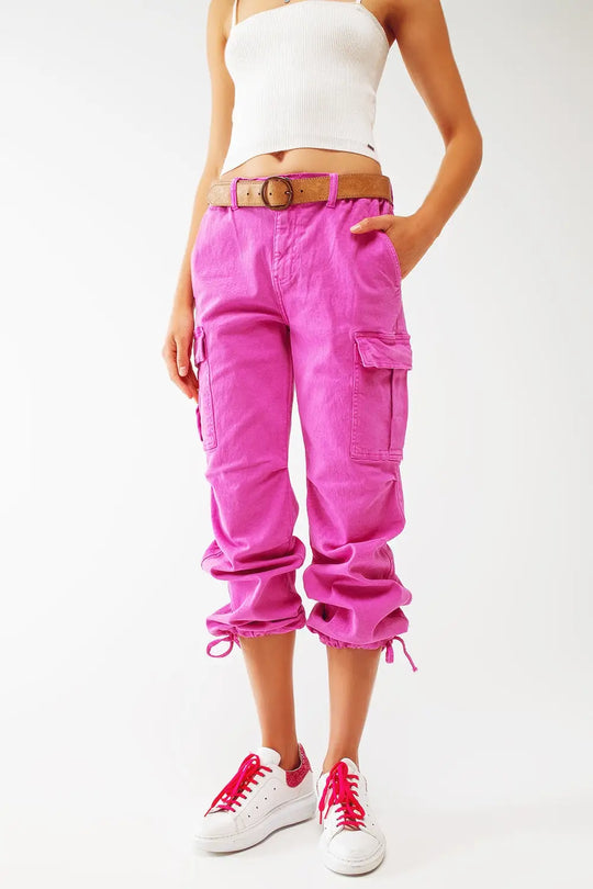 Cargo Pants with Tassel ends in Fuchsia - Colored Jeans