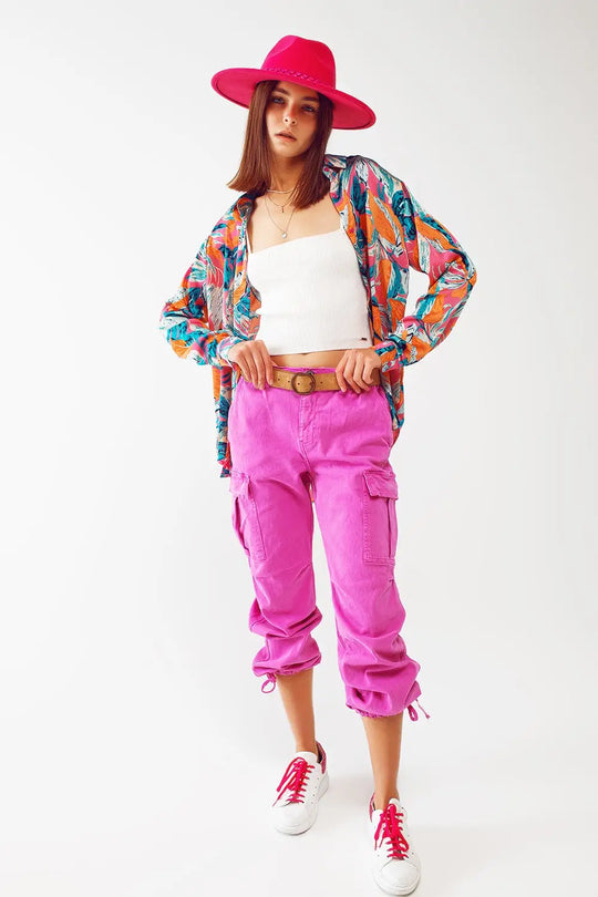Cargo Pants with Tassel ends in Fuchsia - Colored Jeans