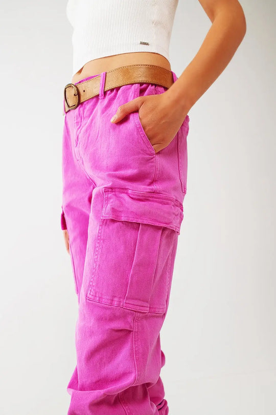 Cargo Pants with Tassel ends in Fuchsia - Colored Jeans