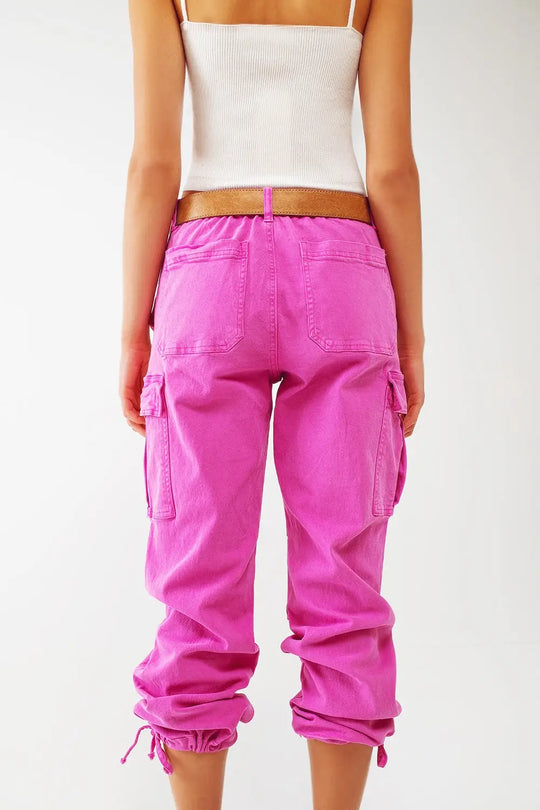 Cargo Pants with Tassel ends in Fuchsia - Colored Jeans