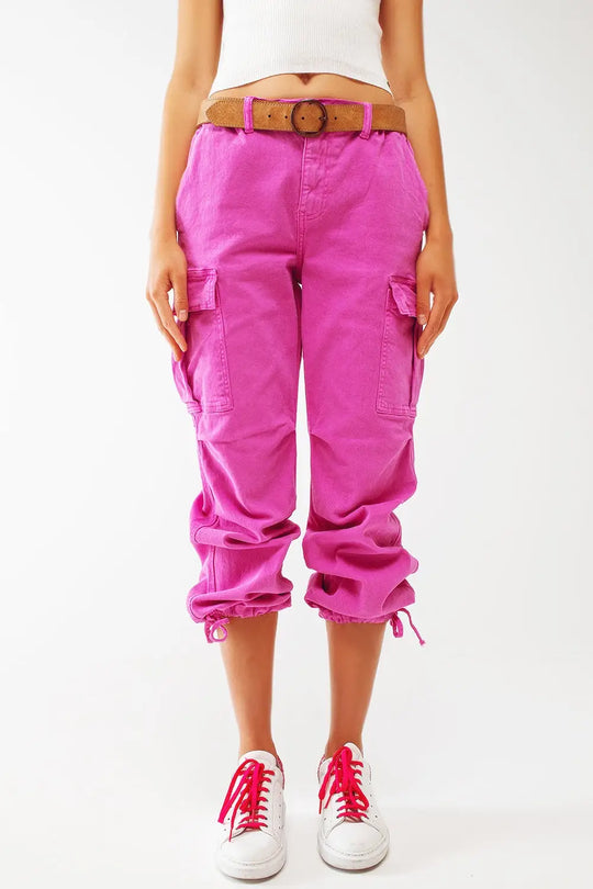 Cargo Pants with Tassel ends in Fuchsia - Colored Jeans