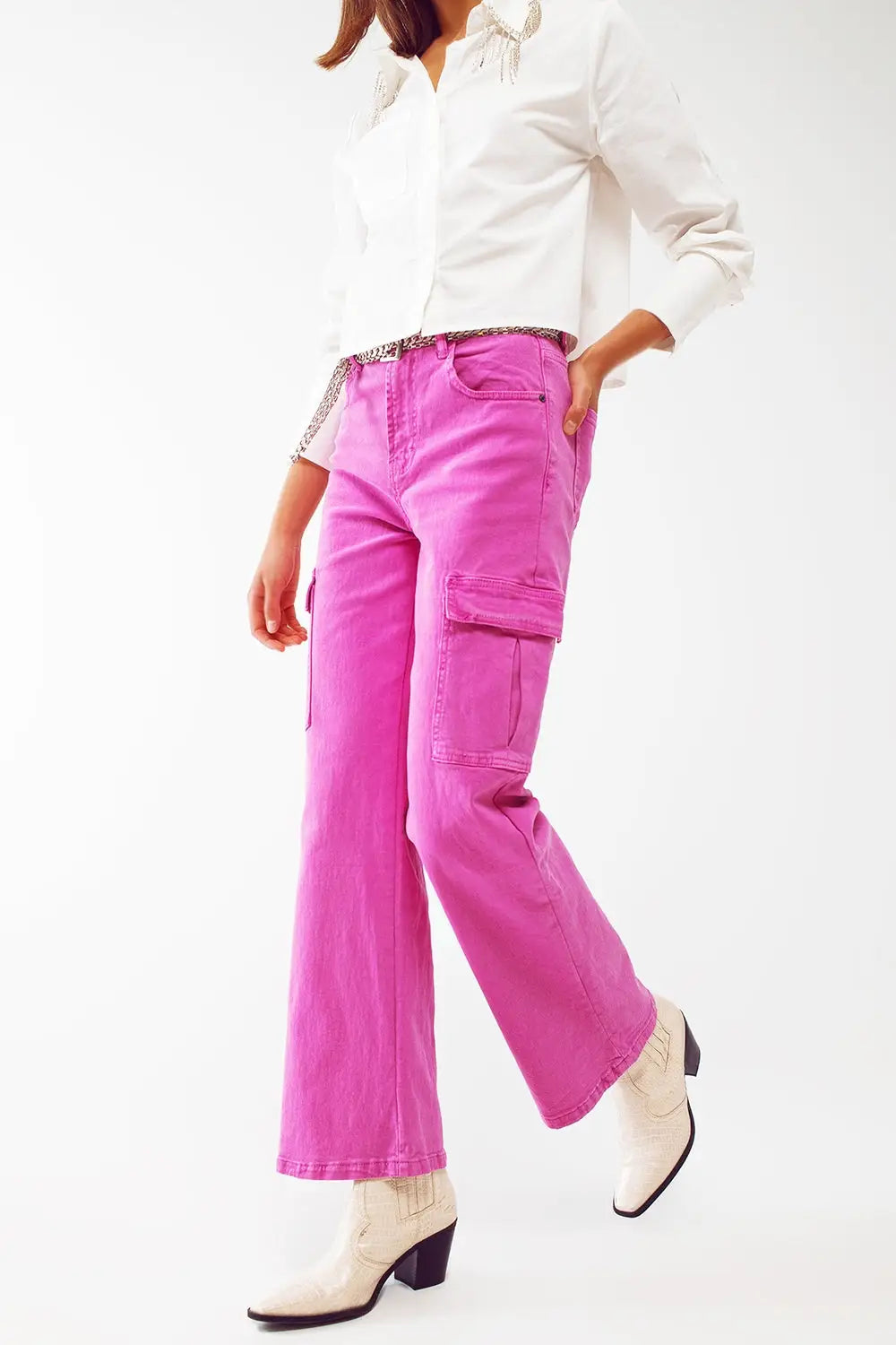 Straight Leg Cargo Jeans in Fuchsia - Colored Jeans