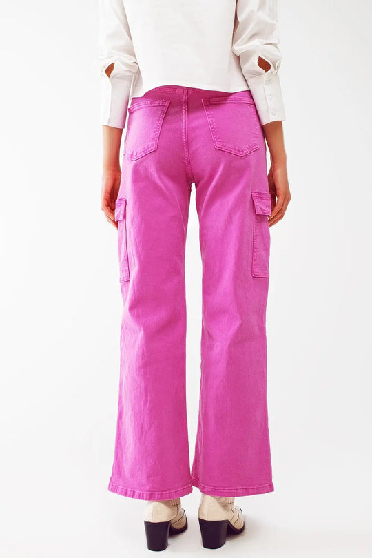 Straight Leg Cargo Jeans in Fuchsia - Colored Jeans