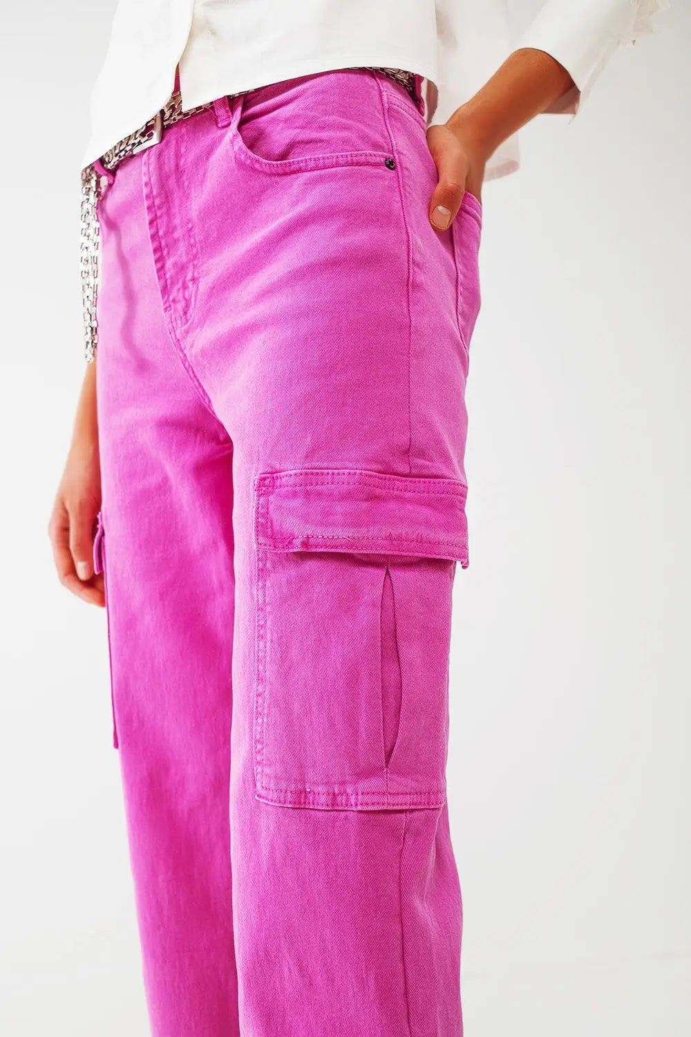 Straight Leg Cargo Jeans in Fuchsia - Colored Jeans