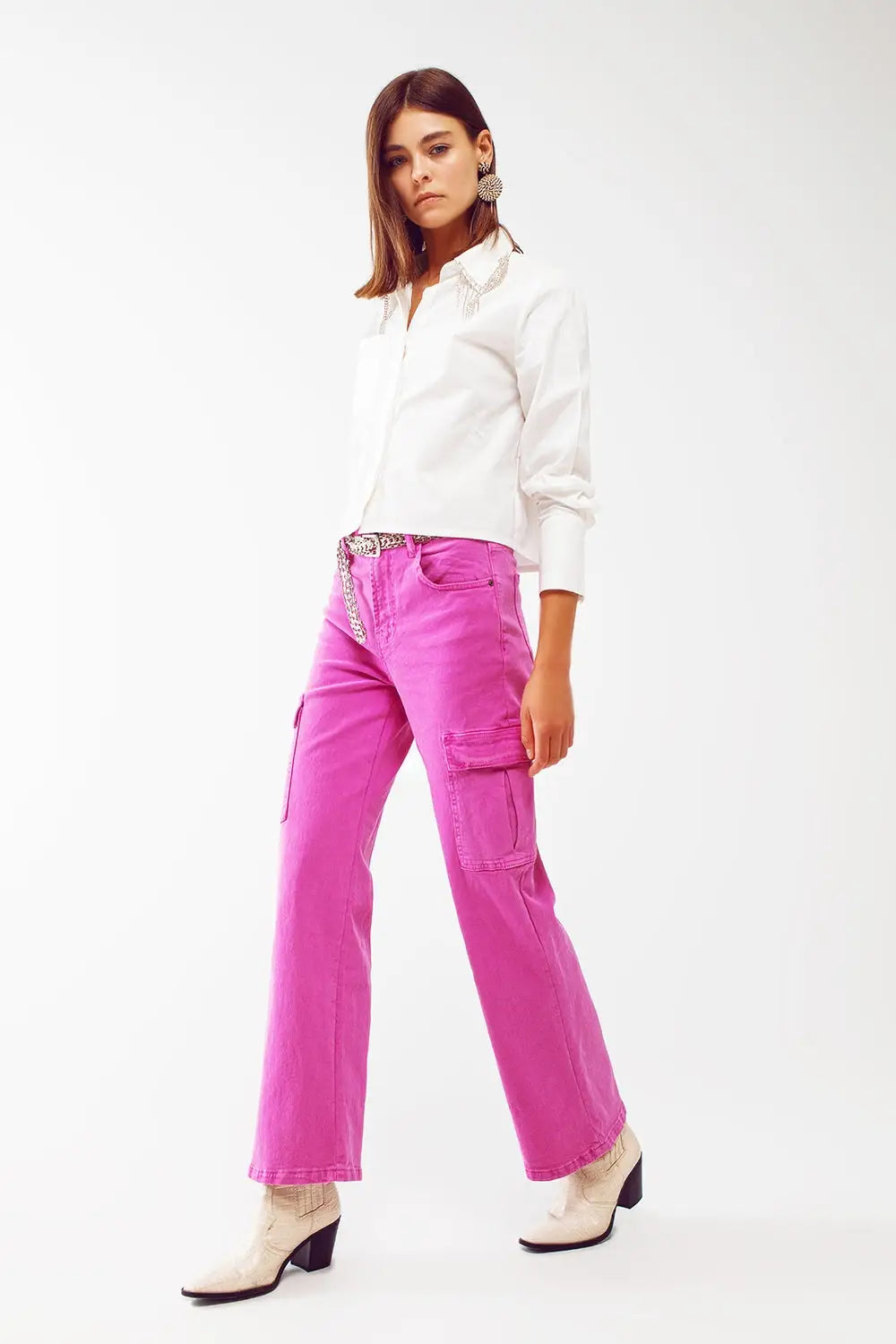 Straight Leg Cargo Jeans in Fuchsia - Colored Jeans