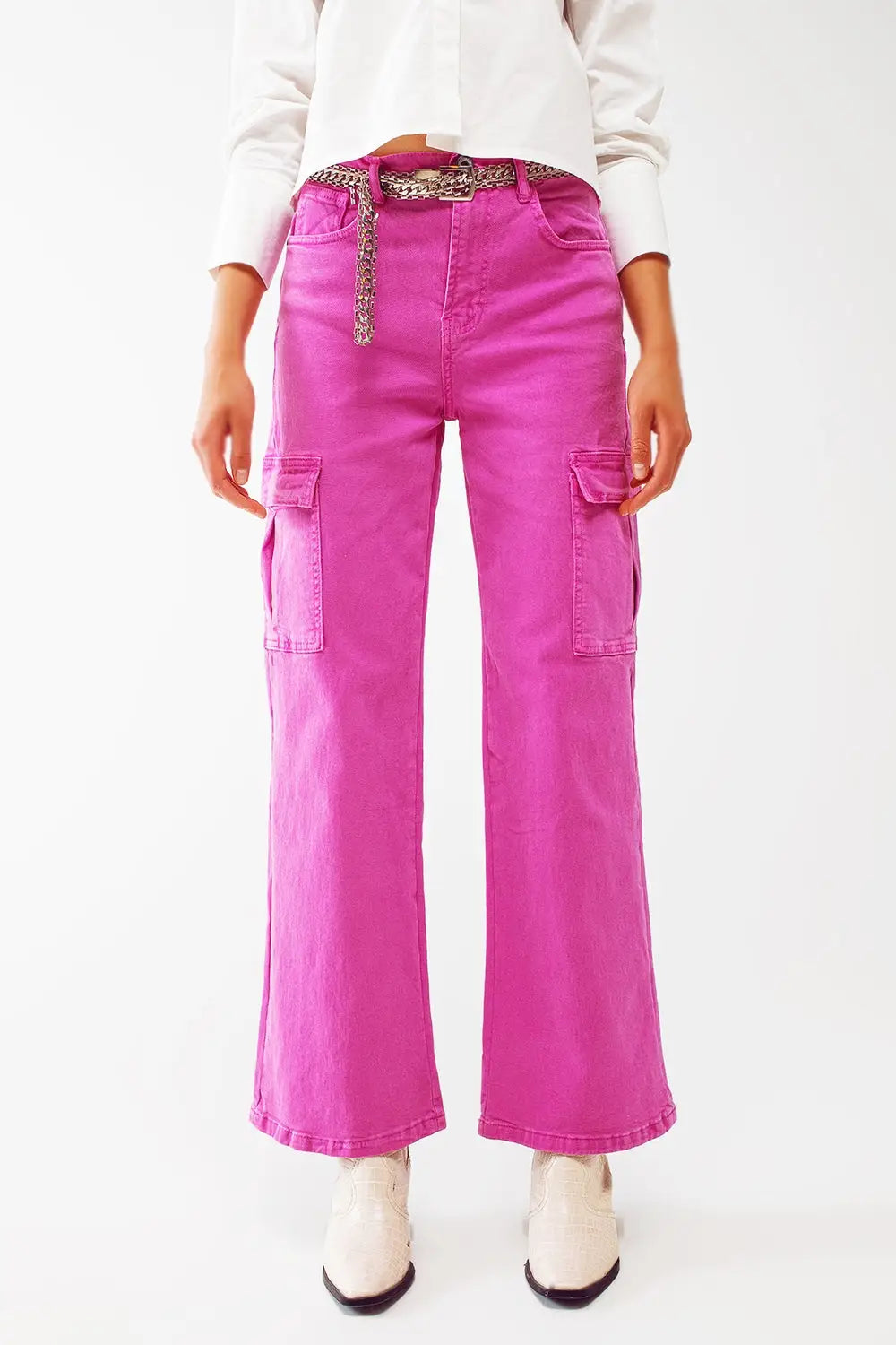 Straight Leg Cargo Jeans in Fuchsia - Colored Jeans