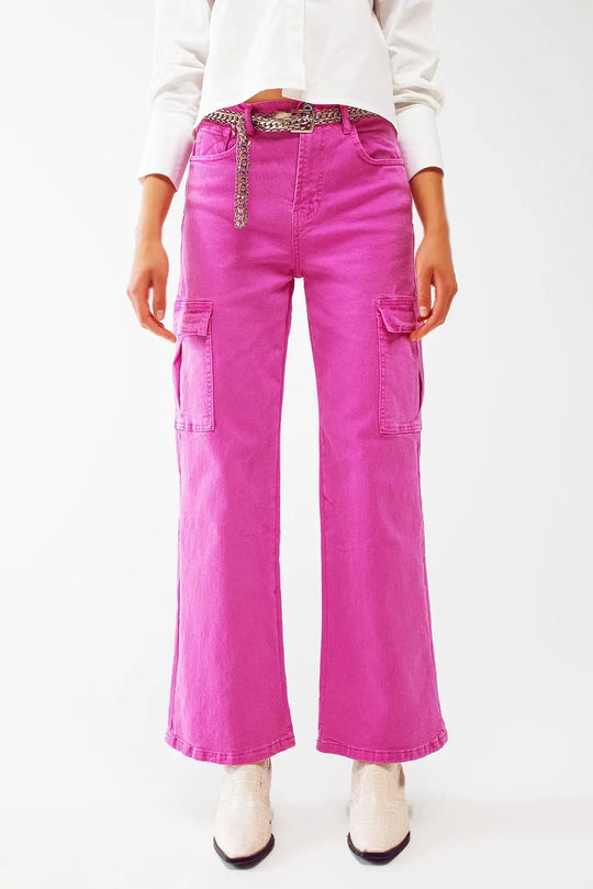 Straight Leg Cargo Jeans in Fuchsia - Colored Jeans