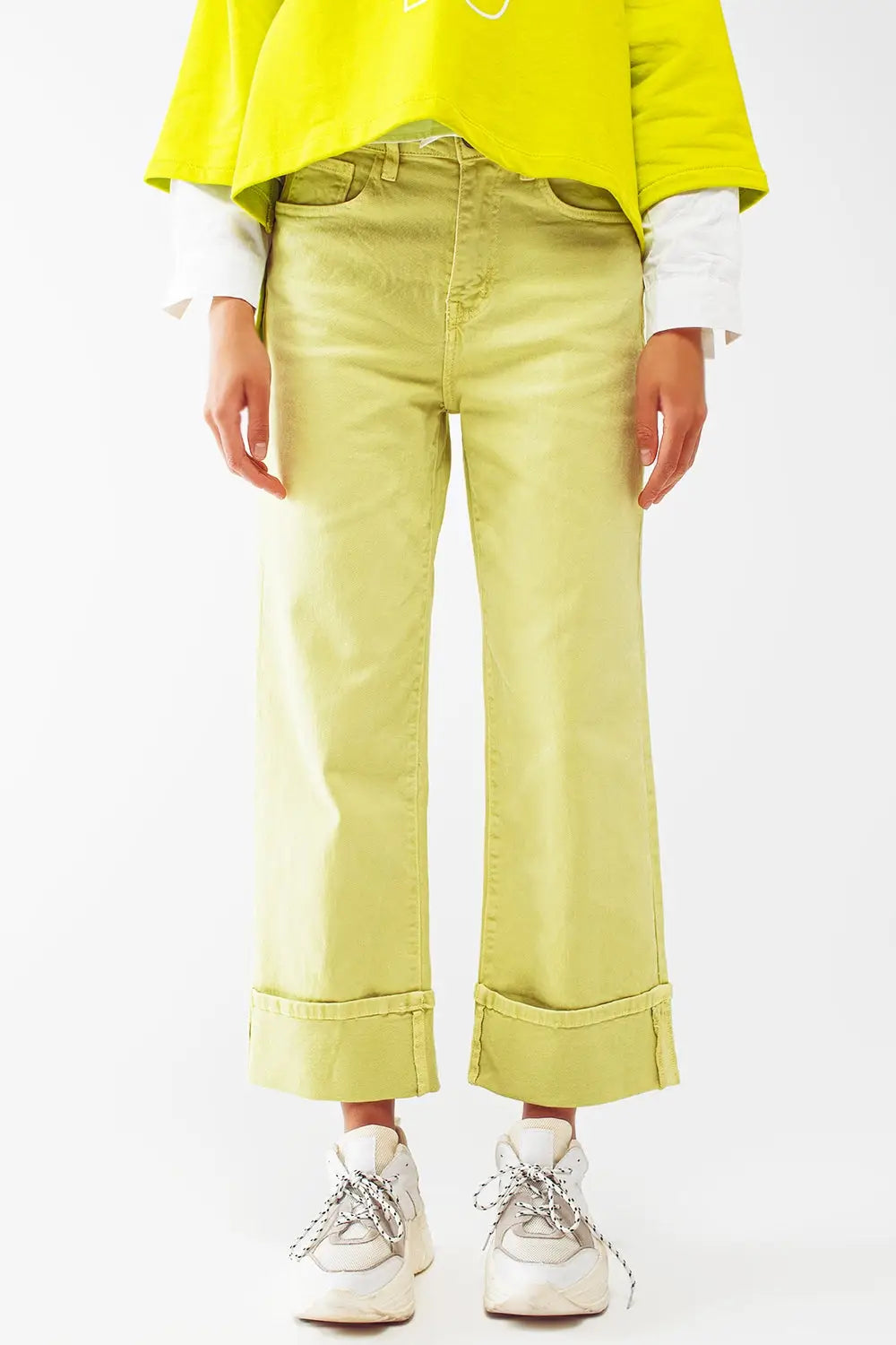 Straight Leg Jeans with Cropped Hem in Lime Green - Colored Jeans