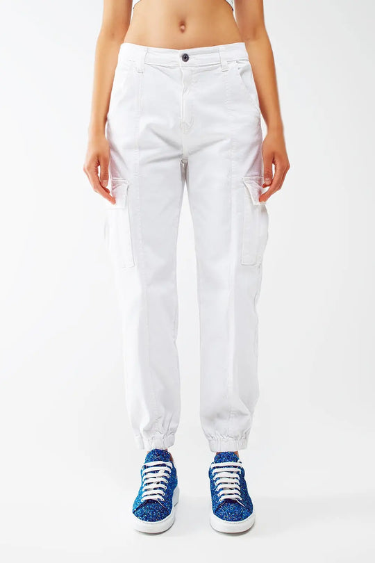 white cargo pants with elasticated waist and hem - Colored Jeans