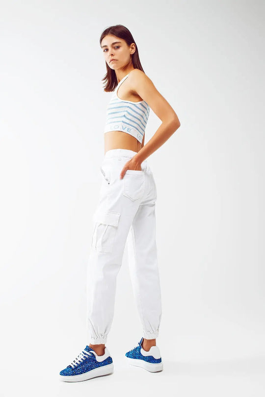 white cargo pants with elasticated waist and hem - Colored Jeans