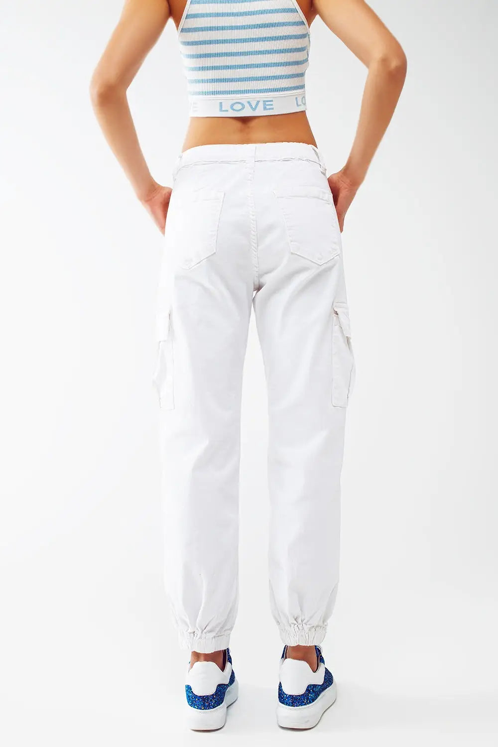 white cargo pants with elasticated waist and hem - Colored Jeans