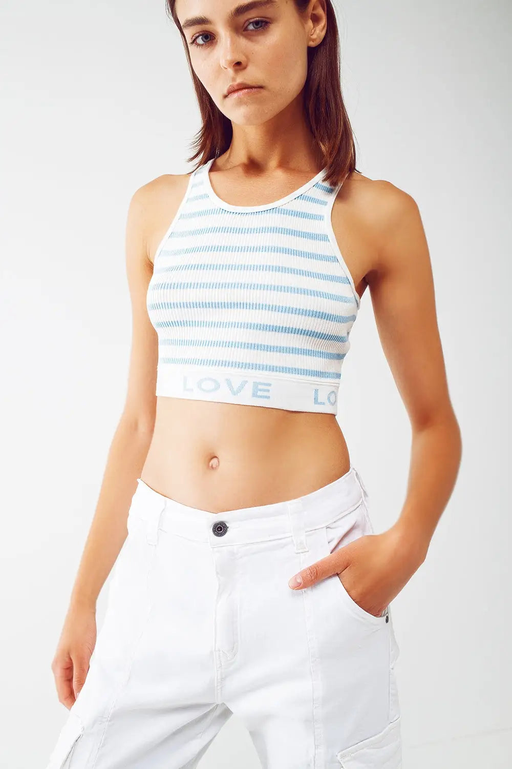 Striped Cropped Top with Love Text in blue - BLUE / ONE - Tops Sweaters