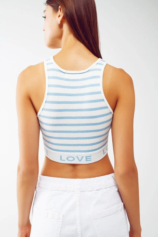 Striped Cropped Top with Love Text in blue - BLUE / ONE - Tops Sweaters