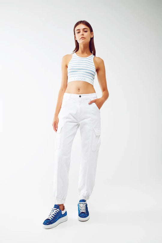 Striped Cropped Top with Love Text in blue - BLUE / ONE - Tops Sweaters