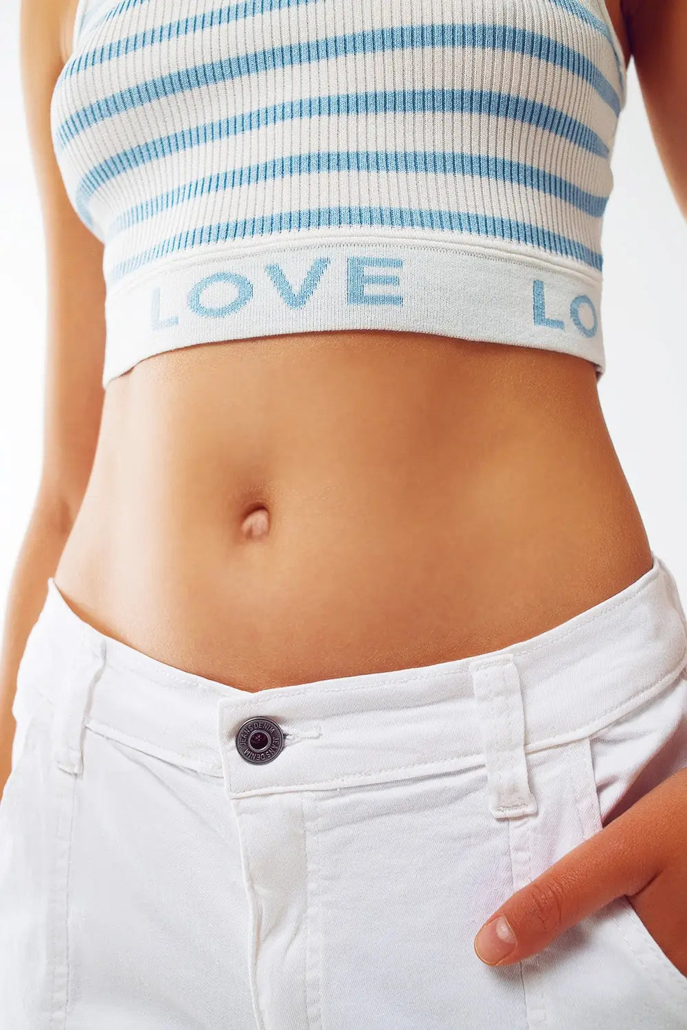 Striped Cropped Top with Love Text in blue - BLUE / ONE - Tops Sweaters
