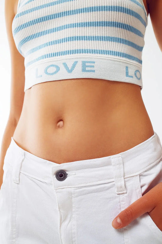 Striped Cropped Top with Love Text in blue - BLUE / ONE - Tops Sweaters