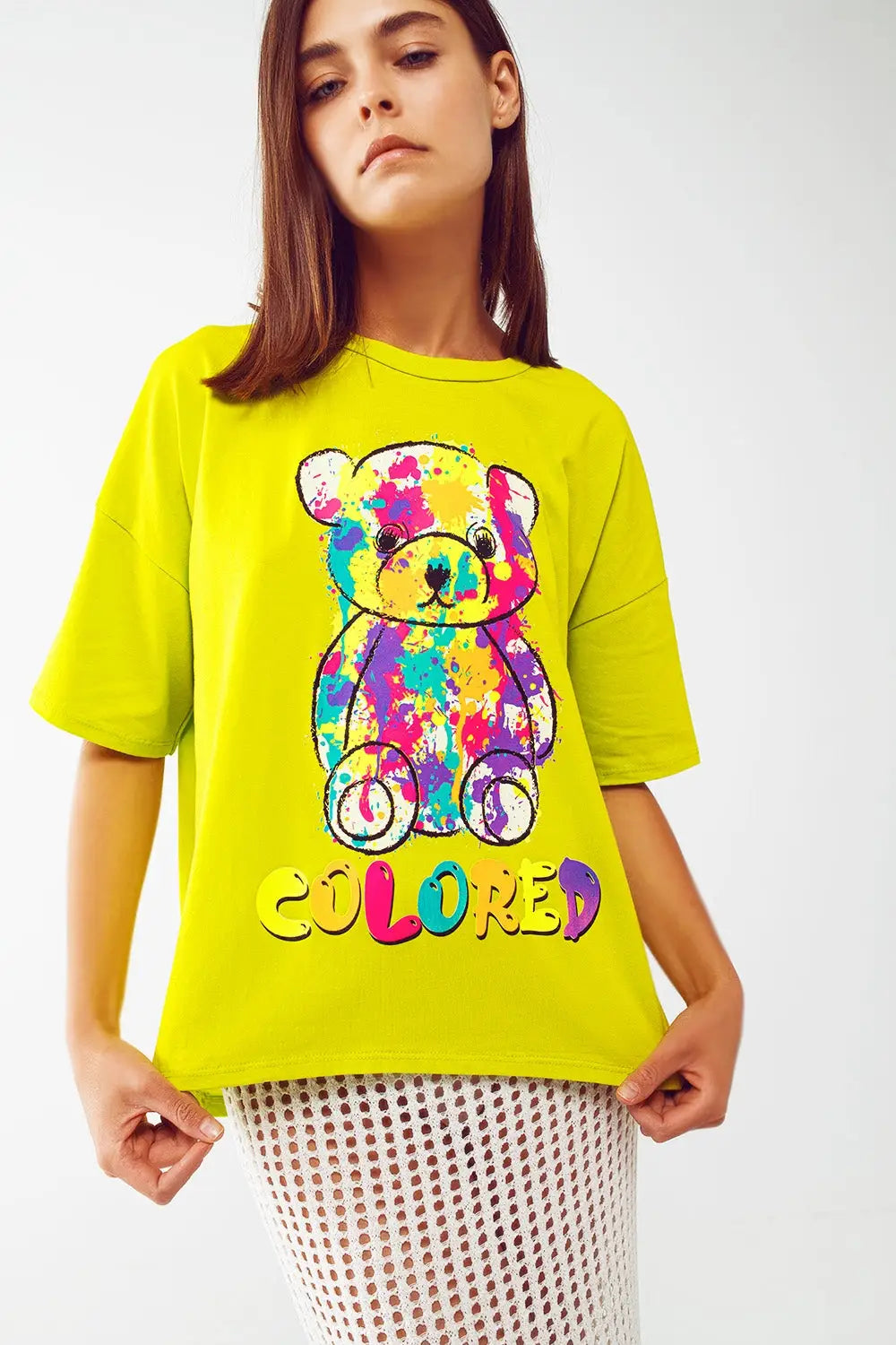 loose-fitting lime T-shirt with colored bear - GREEN / ONE - T-Shirts
