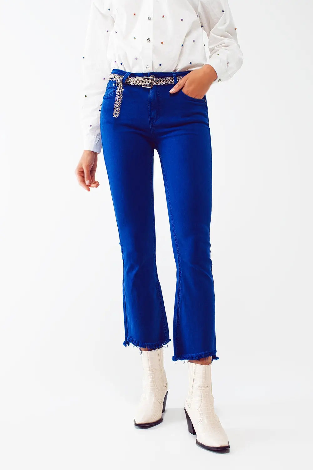 Flare jeans with raw hem edge in blue - Colored Jeans