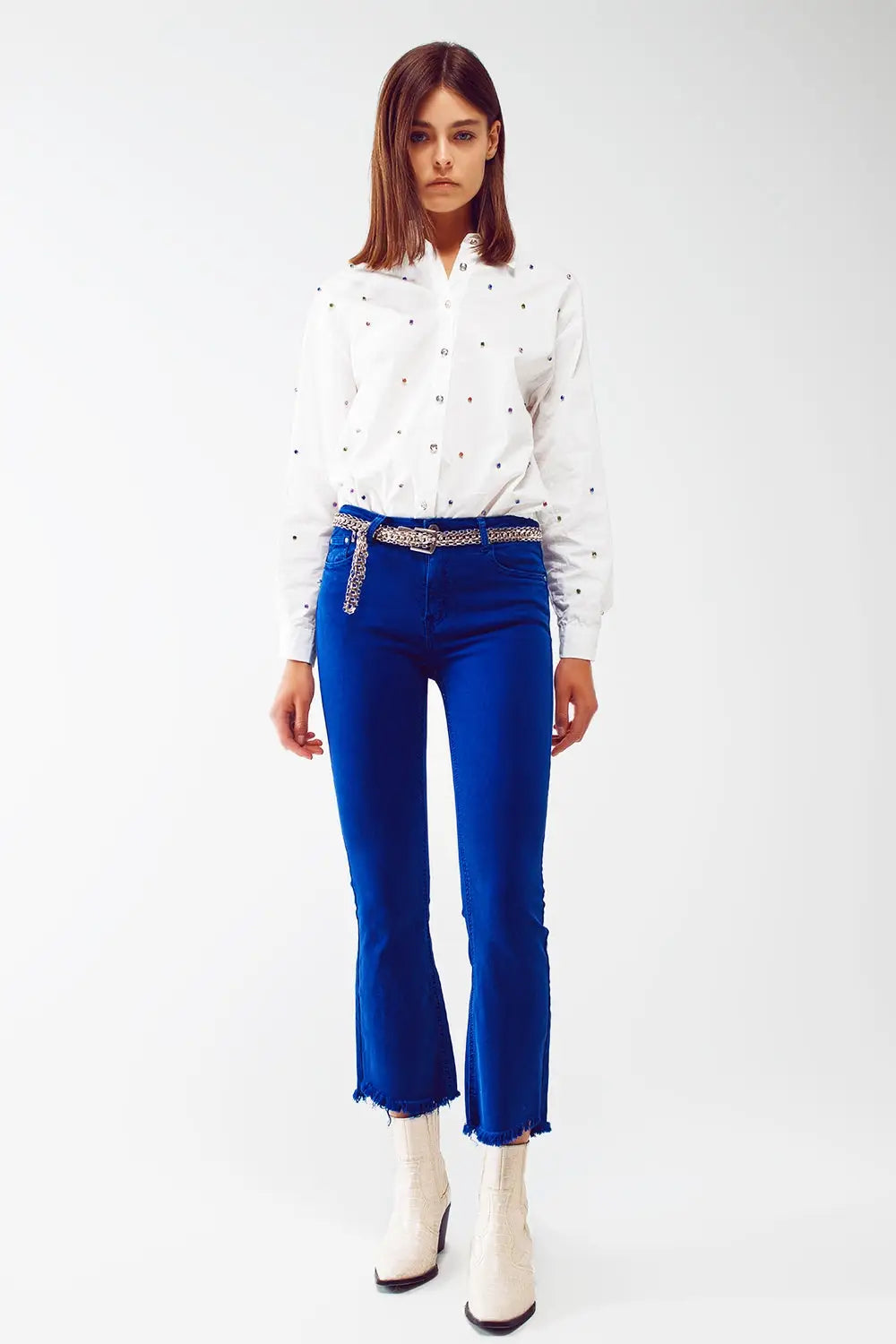 Flare jeans with raw hem edge in blue - Colored Jeans