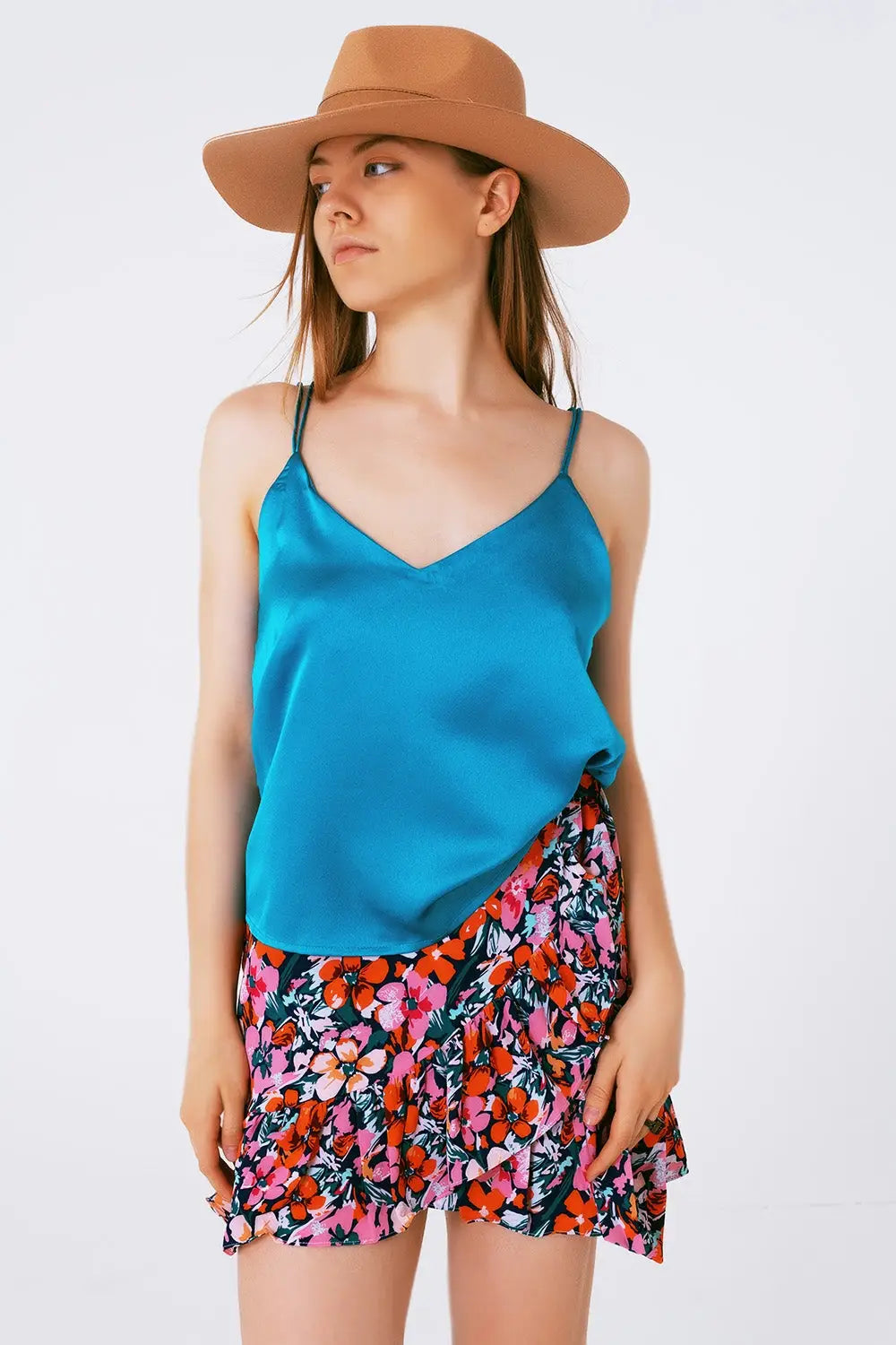 Satin Top with Straps in Blue - Tops