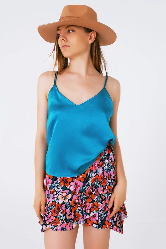 Satin Top with Straps in Blue - Tops