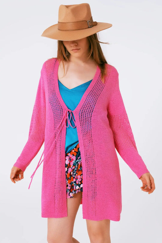 Midi Crochet Drawstring Cardigan in Pink - PINK / ONE - Cardigans