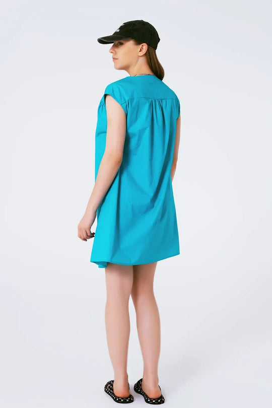 Mini Poplin Sleevless Dress in Turquoise - Dresses