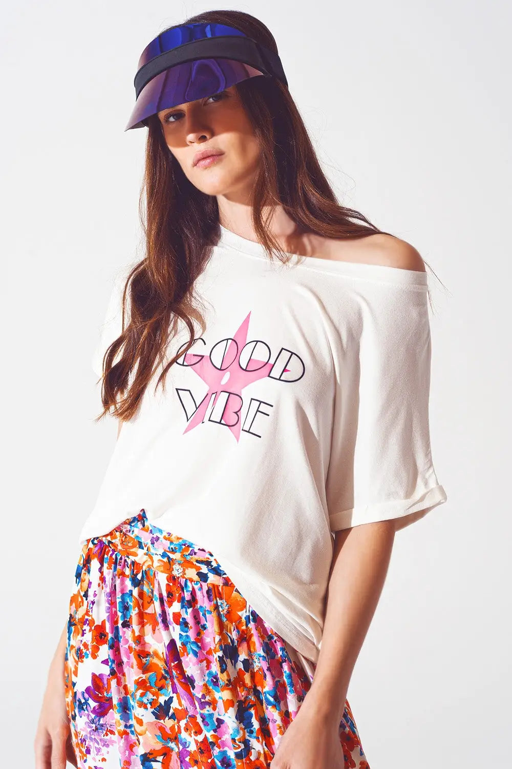 Boat Neack T-shirt With Good Vibe Text in White and Pink - FUCHSIA / ONE - T-Shirts