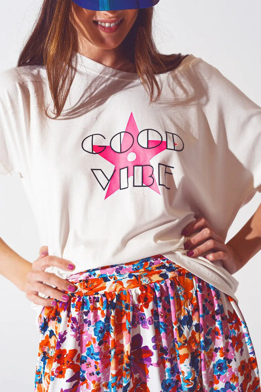 Boat Neack T-shirt With Good Vibe Text in White and Pink - FUCHSIA / ONE - T-Shirts