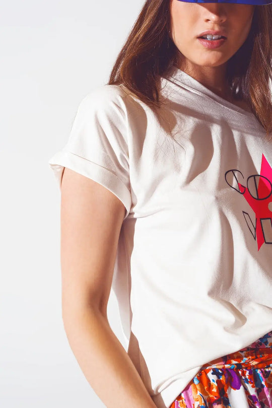 Boat Neack T-shirt With Good Vibe Text in White and Pink - FUCHSIA / ONE - T-Shirts