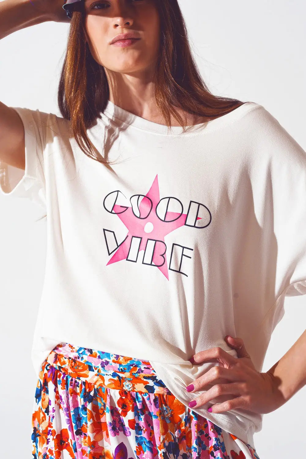 Boat Neack T-shirt With Good Vibe Text in White and Pink - FUCHSIA / ONE - T-Shirts