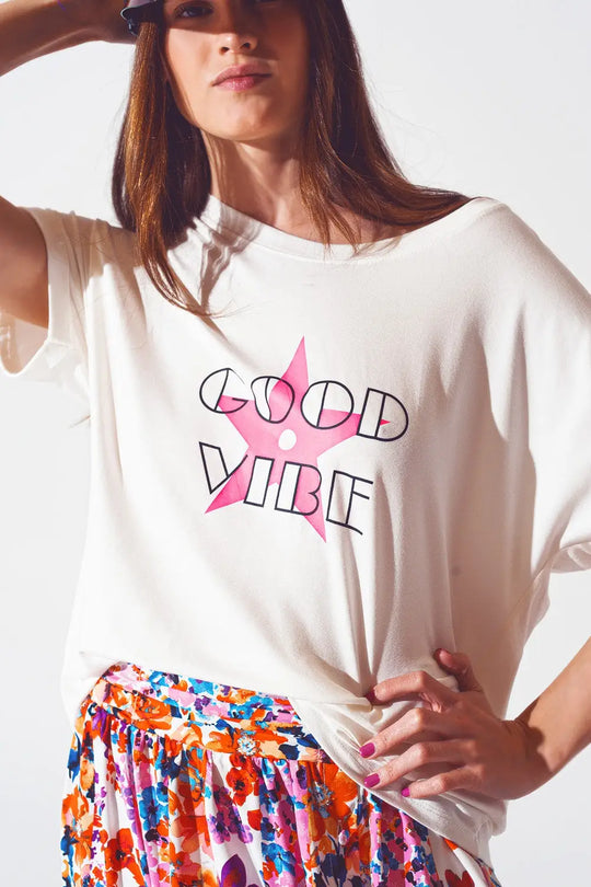 Boat Neack T-shirt With Good Vibe Text in White and Pink - FUCHSIA / ONE - T-Shirts