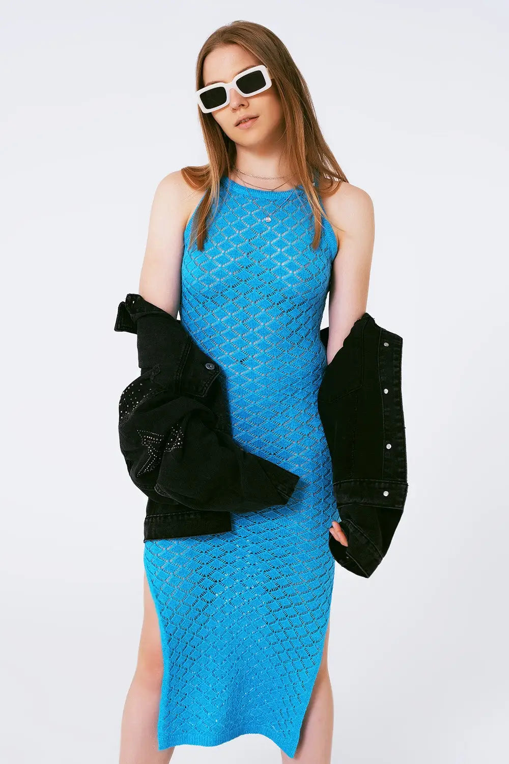 Halter Crochet Midi Dress in Blue - BLUE / ONE - Dresses
