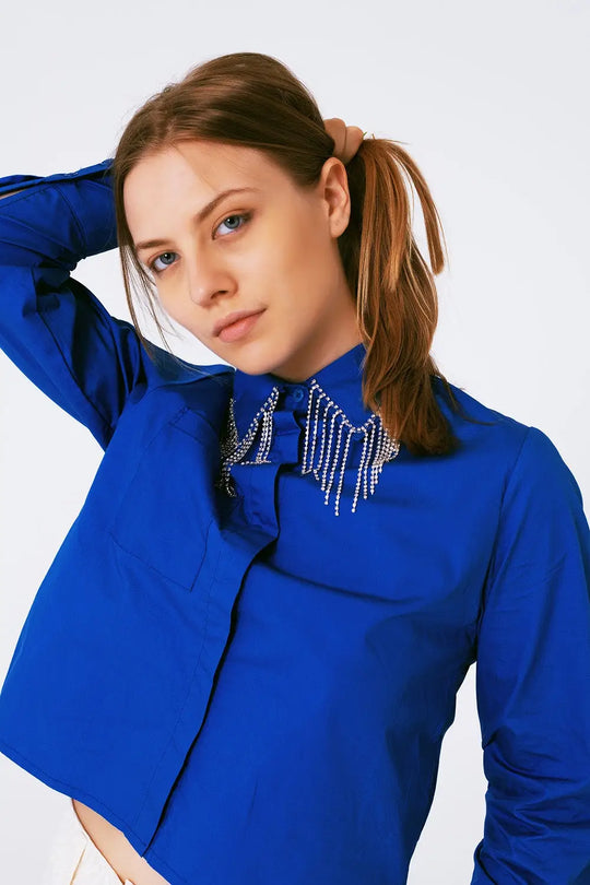Shirt With Fringe strass Collar in blue - Shirts