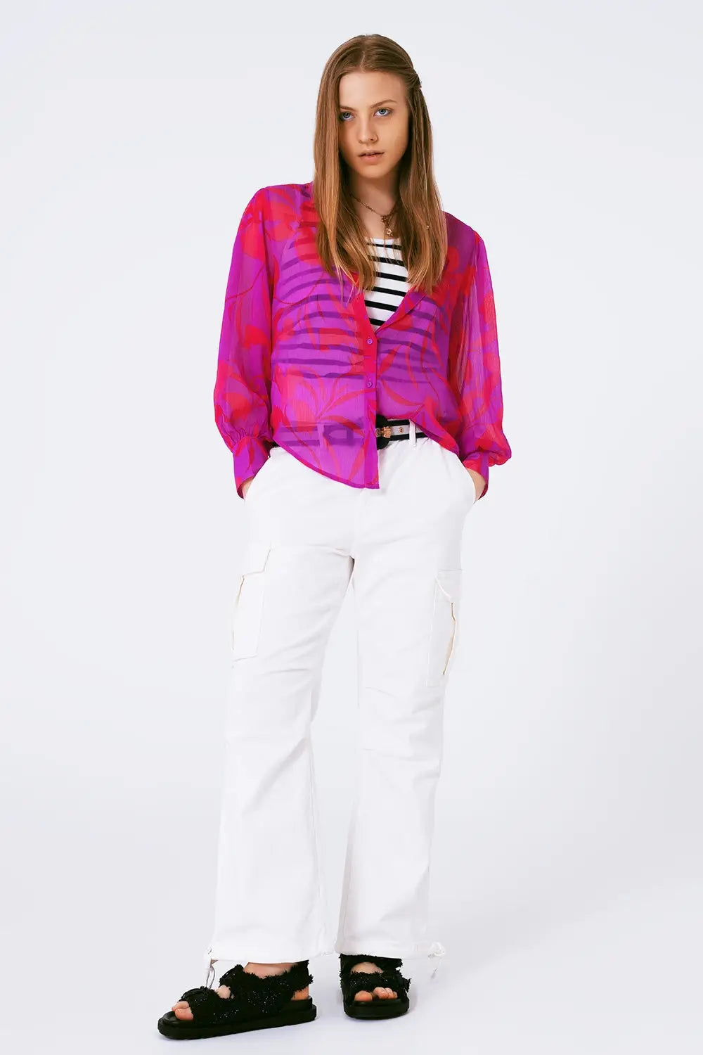 chiffon floral print blouse in fuchsia - Shirts