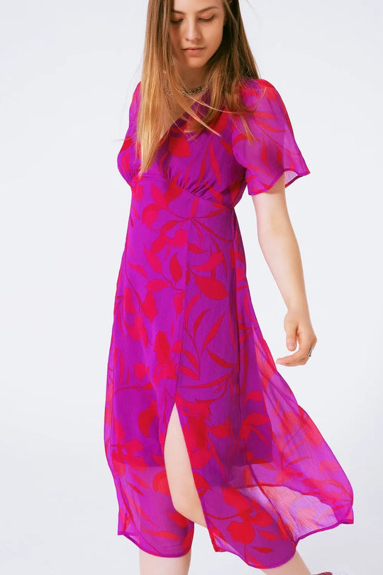 short sleeve V-neck chiffon maxi dress in floral print - Dresses