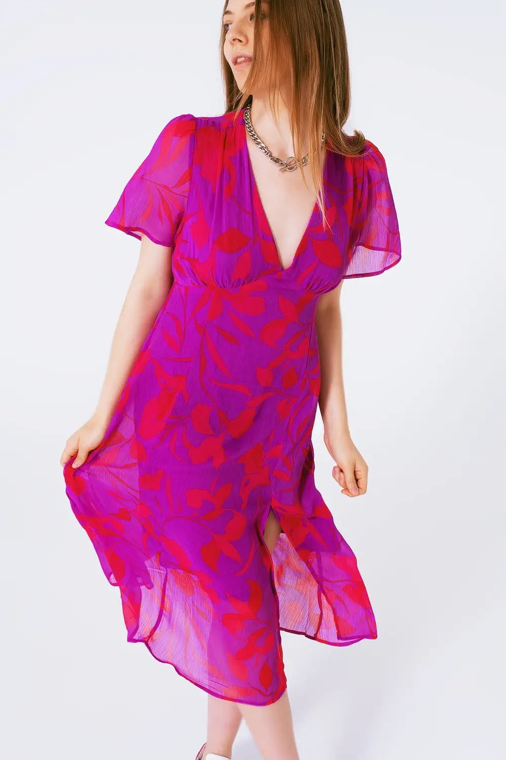 short sleeve V-neck chiffon maxi dress in floral print - Dresses