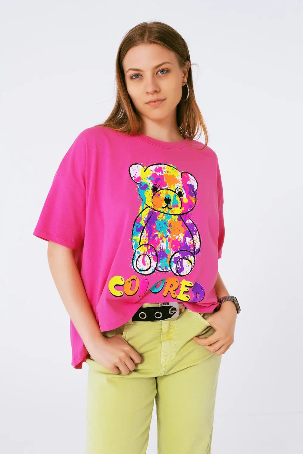 loose-fitting fuchsia T-shirt with colored bear - PINK / ONE - T-Shirts