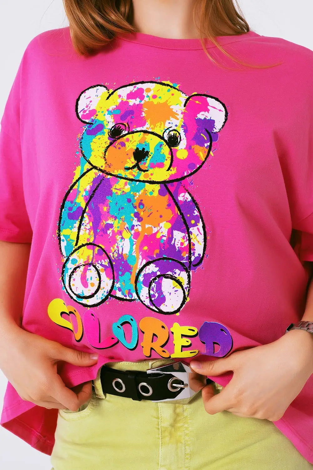 loose-fitting fuchsia T-shirt with colored bear - PINK / ONE - T-Shirts
