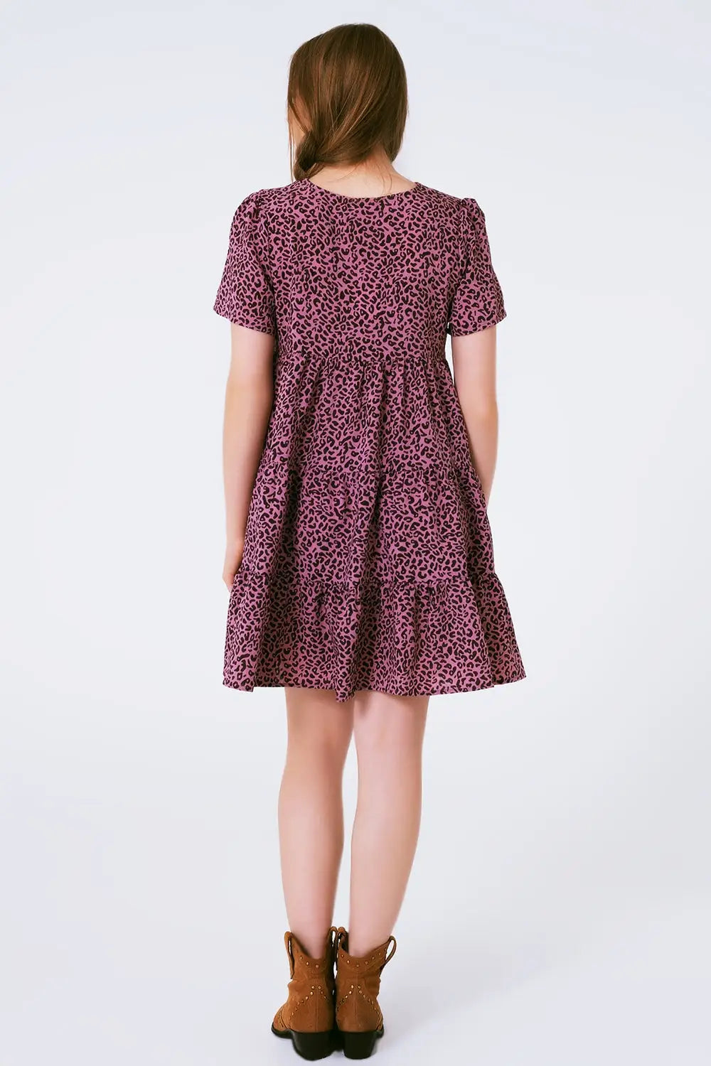 Short Sleeve Baby Doll Dress With Neck Detail in Purple Leopard Print - Dresses