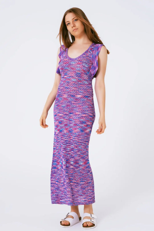 Knitted Long Dress With Chest Ruffle in Melange Purple - BLUE / ONE - Dresses