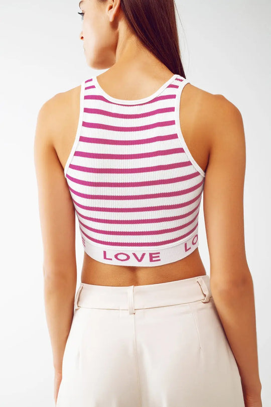 Striped Cropped Top with Love Text in pink - FUCHSIA / ONE - Tops Sweaters