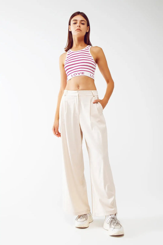 Striped Cropped Top with Love Text in pink - FUCHSIA / ONE - Tops Sweaters