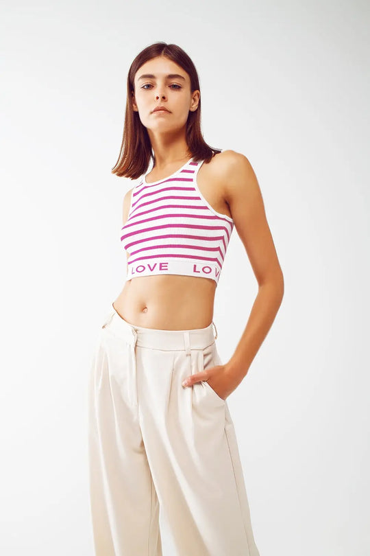 Striped Cropped Top with Love Text in pink - FUCHSIA / ONE - Tops Sweaters