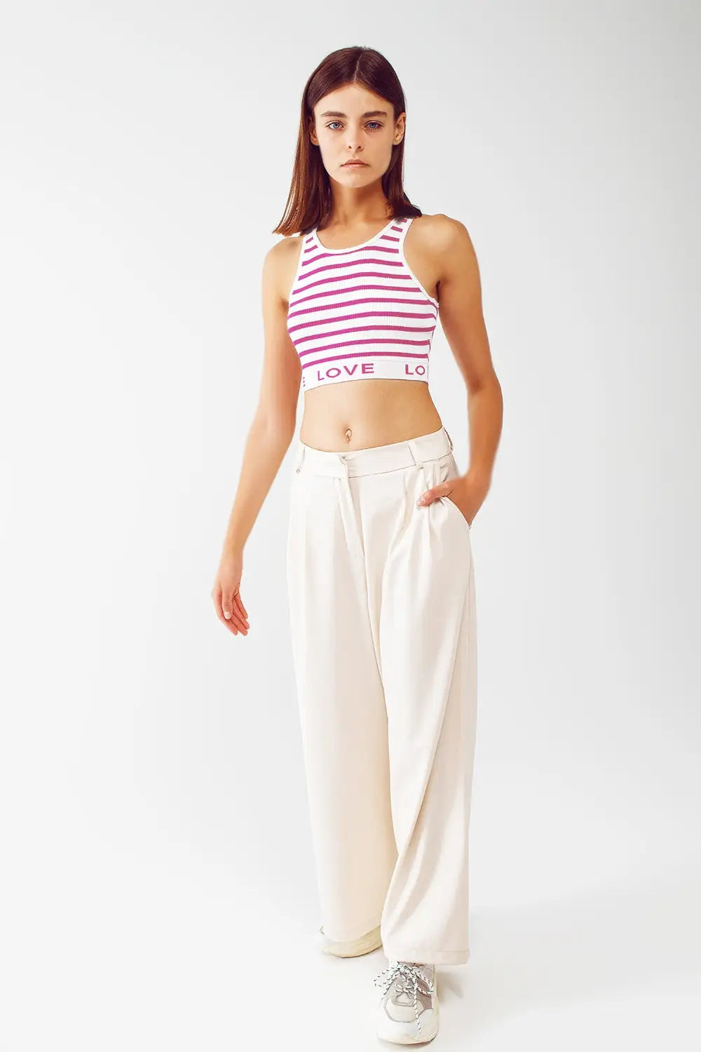 Striped Cropped Top with Love Text in pink - FUCHSIA / ONE - Tops Sweaters