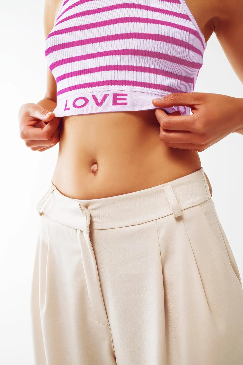 Striped Cropped Top with Love Text in pink - FUCHSIA / ONE - Tops Sweaters