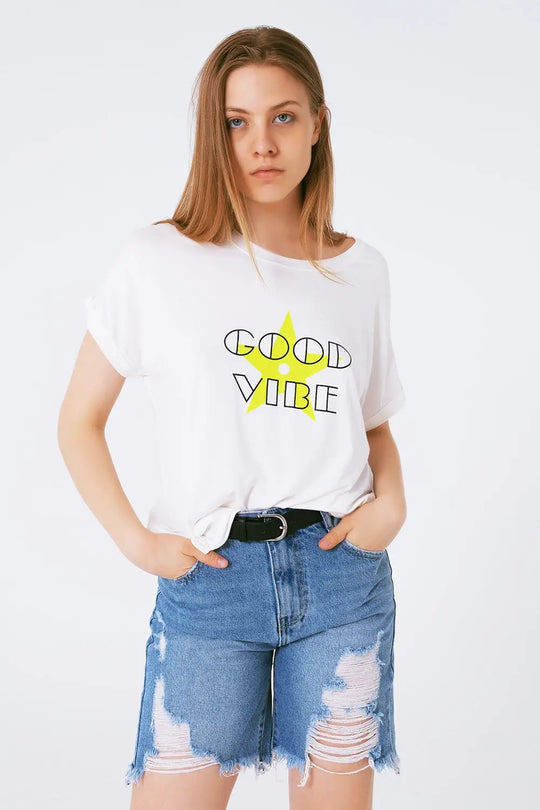 Boat neckline Relaxed fit T-shirt fluor good vibe logo - GREEN / ONE - T-Shirts
