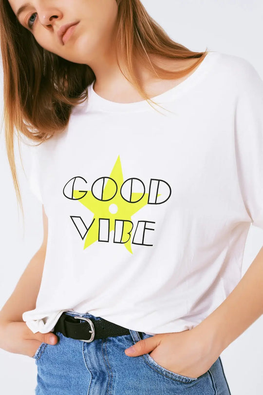 Boat neckline Relaxed fit T-shirt fluor good vibe logo - GREEN / ONE - T-Shirts