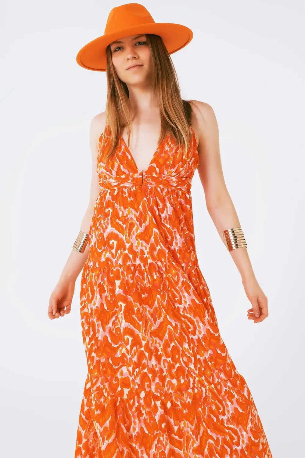 Floral Print Maxi Dress with V neck in orange - Dresses